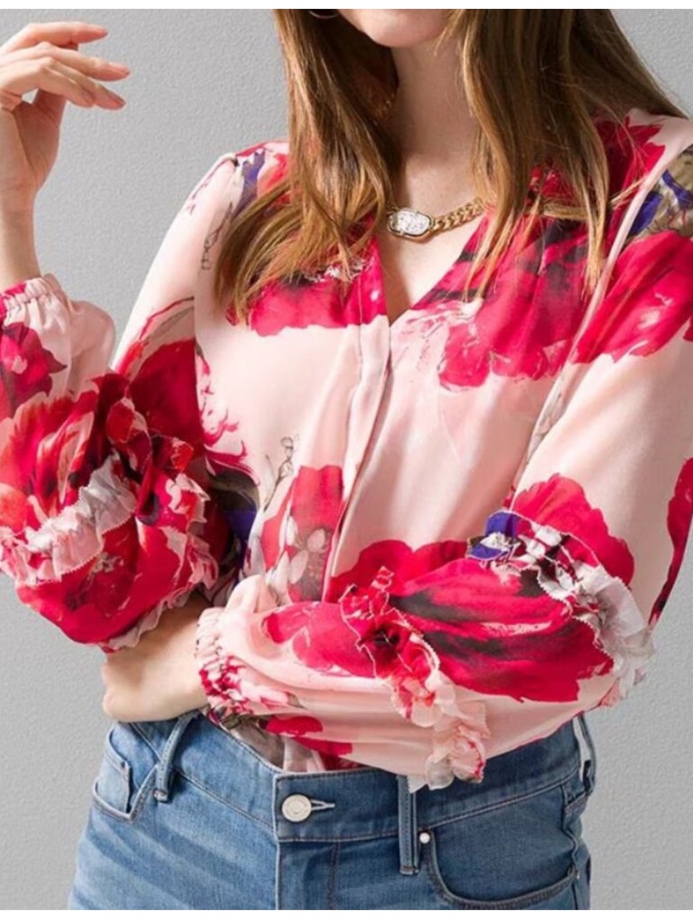 White House Black Market Rose All Holiday Floral Print Sheer Button Down Blouse
